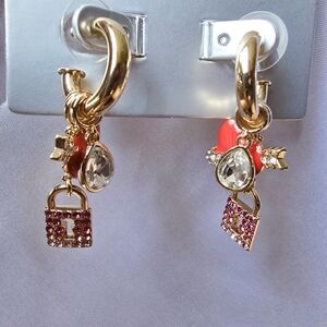 Gold Hoop Earrings with Pink Crystal Padlock and Clear Teardrop Charms